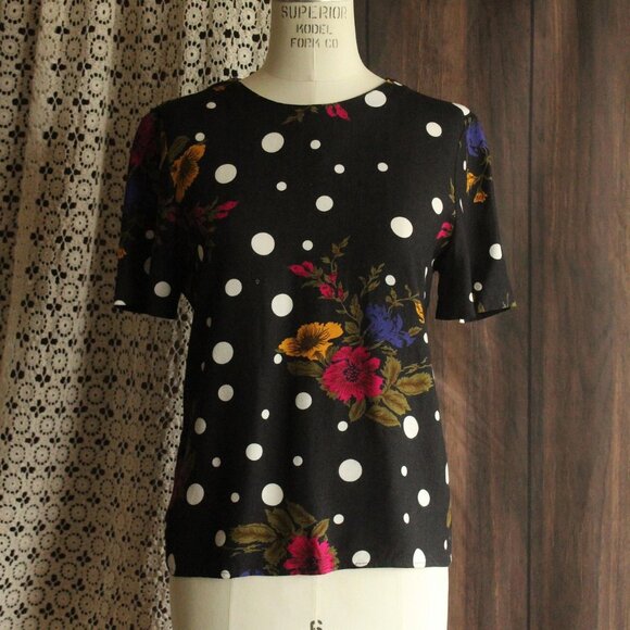 Vintage 1980s 1990s Blouse, Norton McNaughton Petites Polka Dot and Floral - Picture 2 of 11